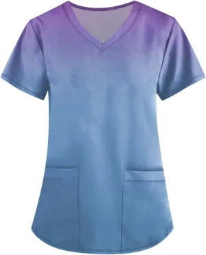 Womens Scrub Tops Print V Neck Short Sleeve Nurse Tops Casual Medical Work Uniform With Pockets