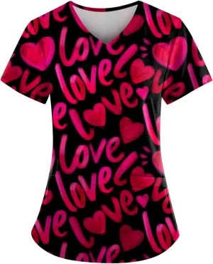 Womens Scrub Tops Print V Neck Short Sleeve Nurse Tops Casual Medical Work Uniform With Pockets