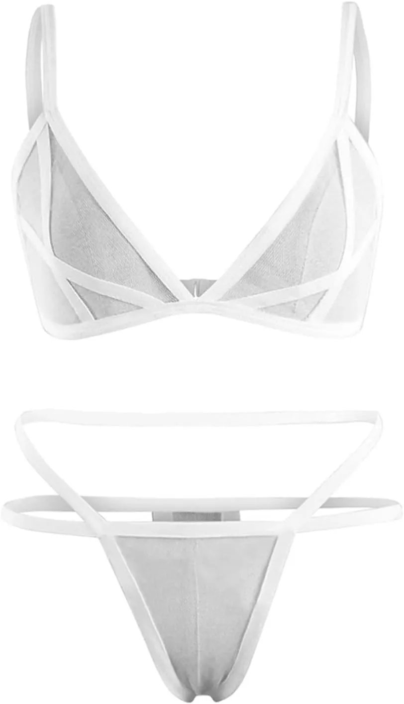 Women's Sexy Lingerie Sets 2 Piece Mesh Bandage Bras and Low Waist Panty Set Micro Bikini See Through Swimsuit