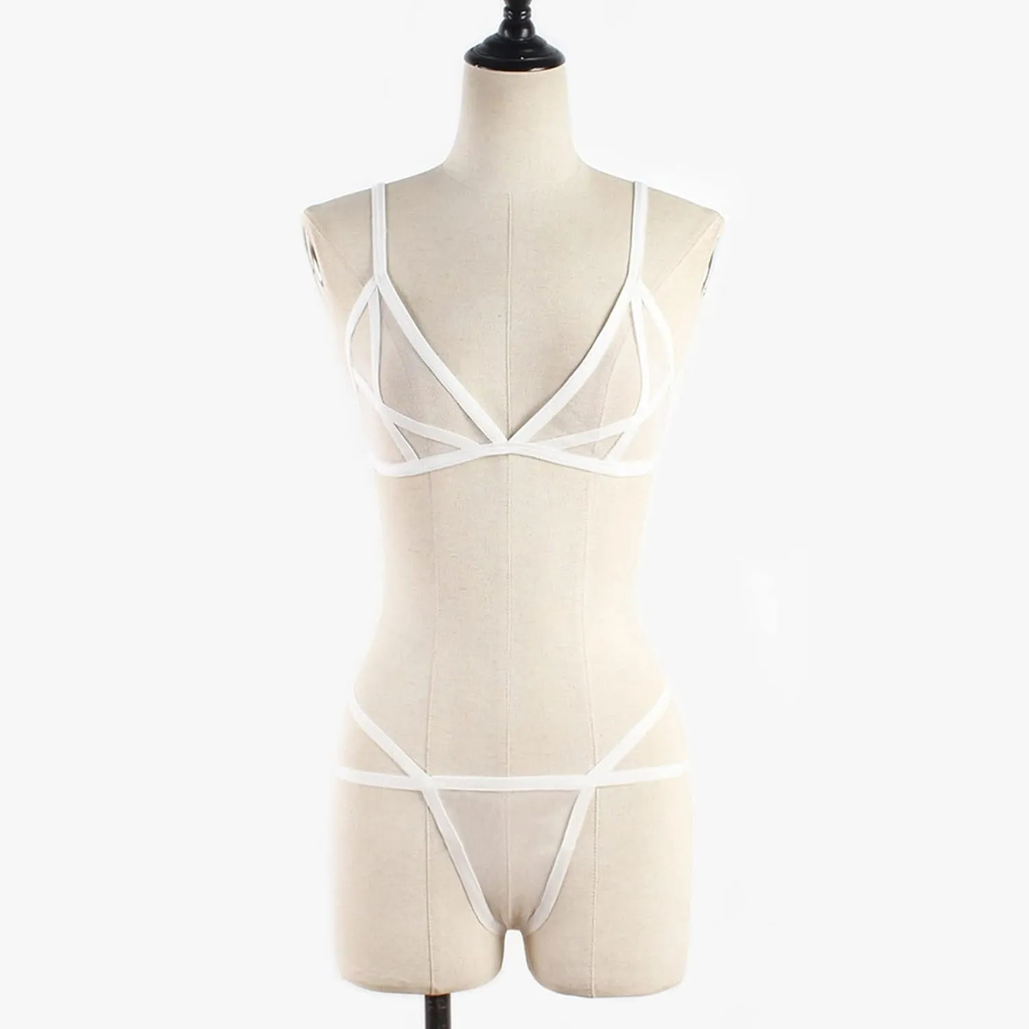 Women's Sexy Lingerie Sets 2 Piece Mesh Bandage Bras and Low Waist Panty Set Micro Bikini See Through Swimsuit