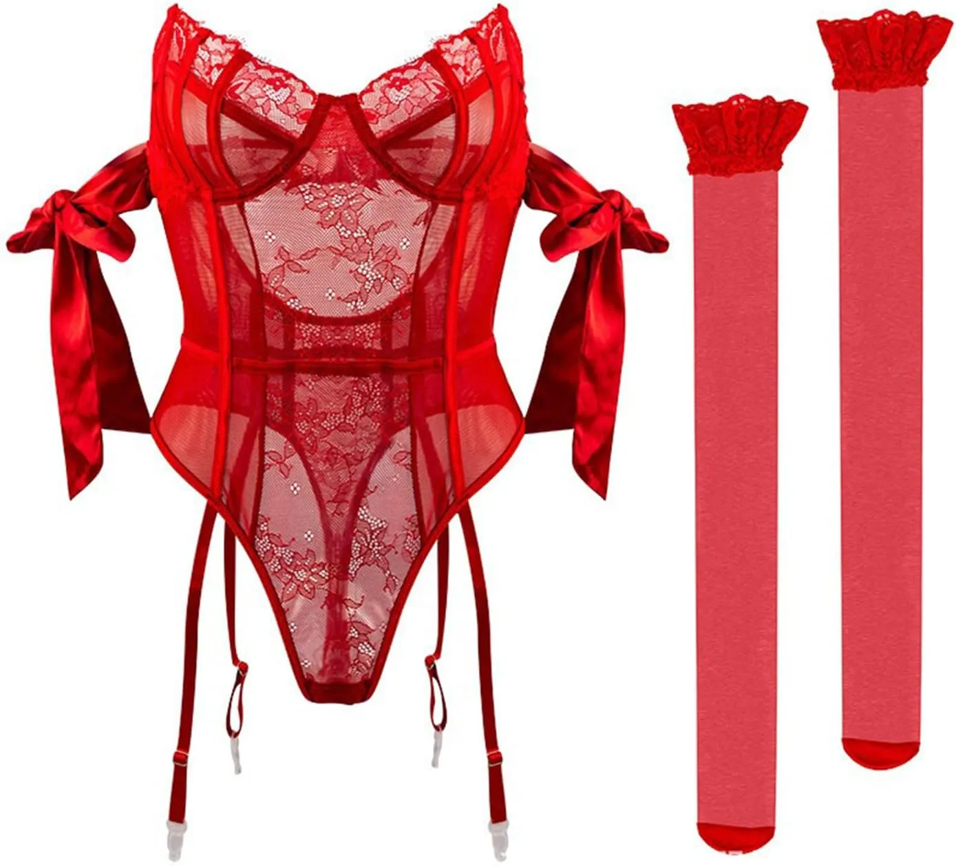 Womens Sexy Lingerie with Garter Belt Bare Off Shoulders Lace Bodysuit Stockings Suspenders Lingerie Sets