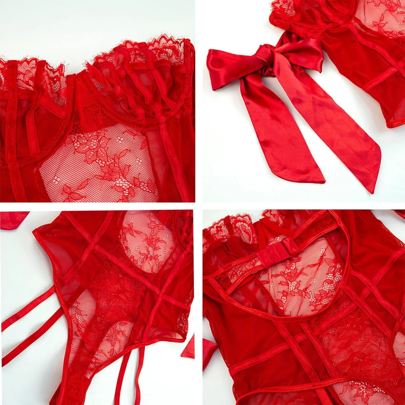 Womens Sexy Lingerie with Garter Belt Bare Off Shoulders Lace Bodysuit Stockings Suspenders Lingerie Sets