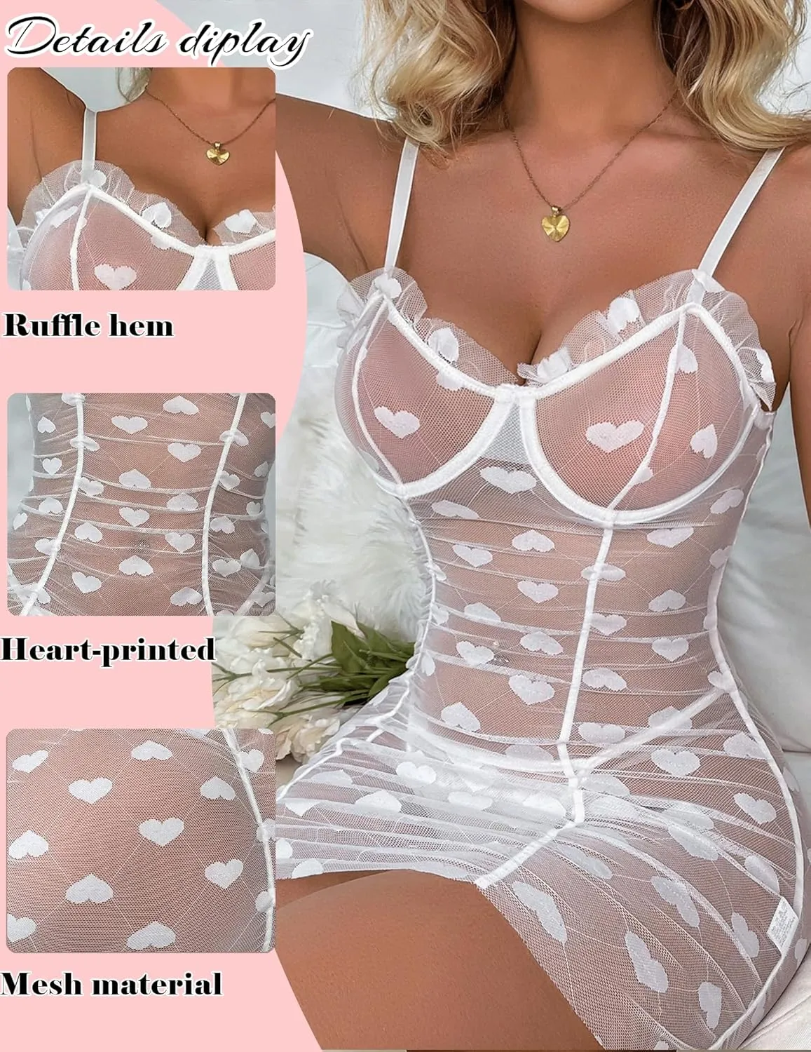 Women's Sexy Nightgown Heart Mesh Naughty Babydoll Valentines Gift Nightgown Chemise Nightgown
