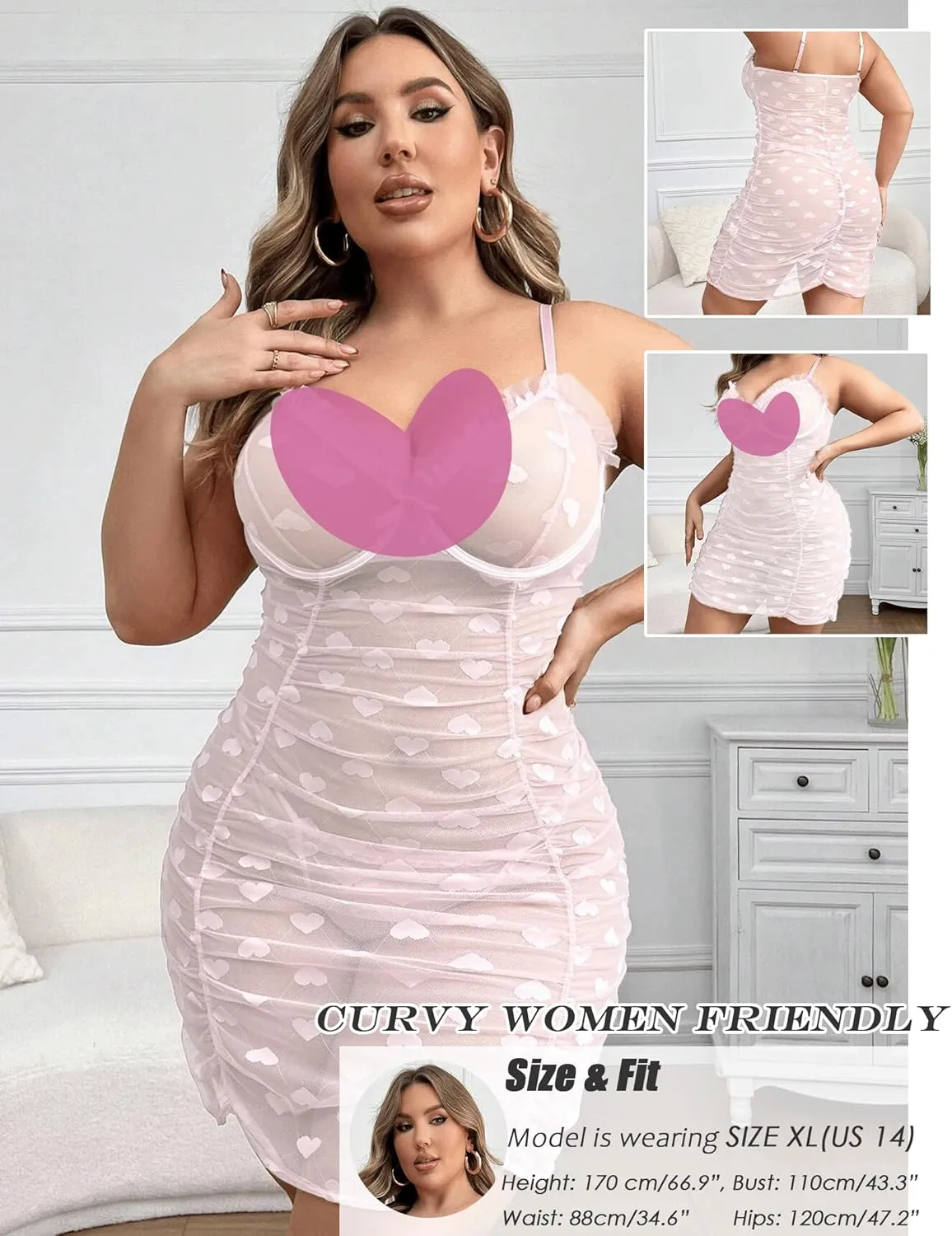 Women's Sexy Nightgown Heart Mesh Naughty Babydoll Valentines Gift Nightgown Chemise Nightgown