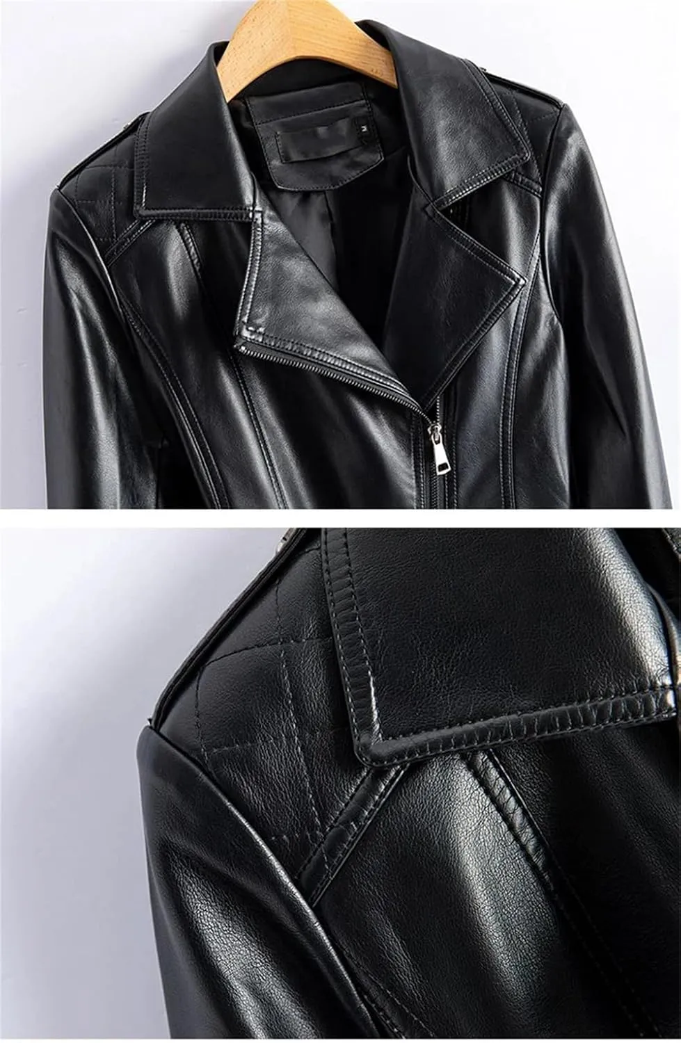 Womens Sheepskin Jackets Zipper Short Moto Biker Jackets Long Sleeve Casual Leather Coats