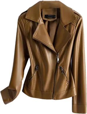 Womens Sheepskin Jackets Zipper Short Moto Biker Jackets Long Sleeve Casual Leather Coats