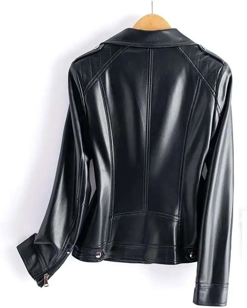 Womens Sheepskin Jackets Zipper Short Moto Biker Jackets Long Sleeve Casual Leather Coats
