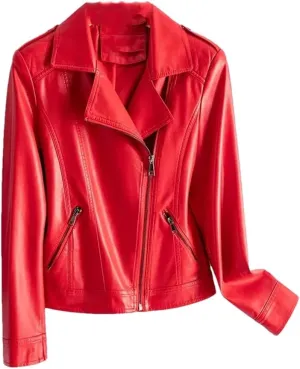 Womens Sheepskin Jackets Zipper Short Moto Biker Jackets Long Sleeve Casual Leather Coats