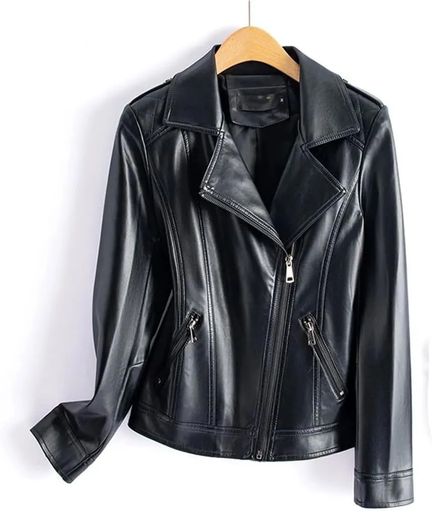Womens Sheepskin Jackets Zipper Short Moto Biker Jackets Long Sleeve Casual Leather Coats