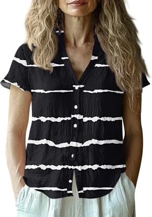 Womens Short Sleeve Casual Print Button Down Shirts Summer Soft Fashion Cotton Linen Blouses Tops Trendy