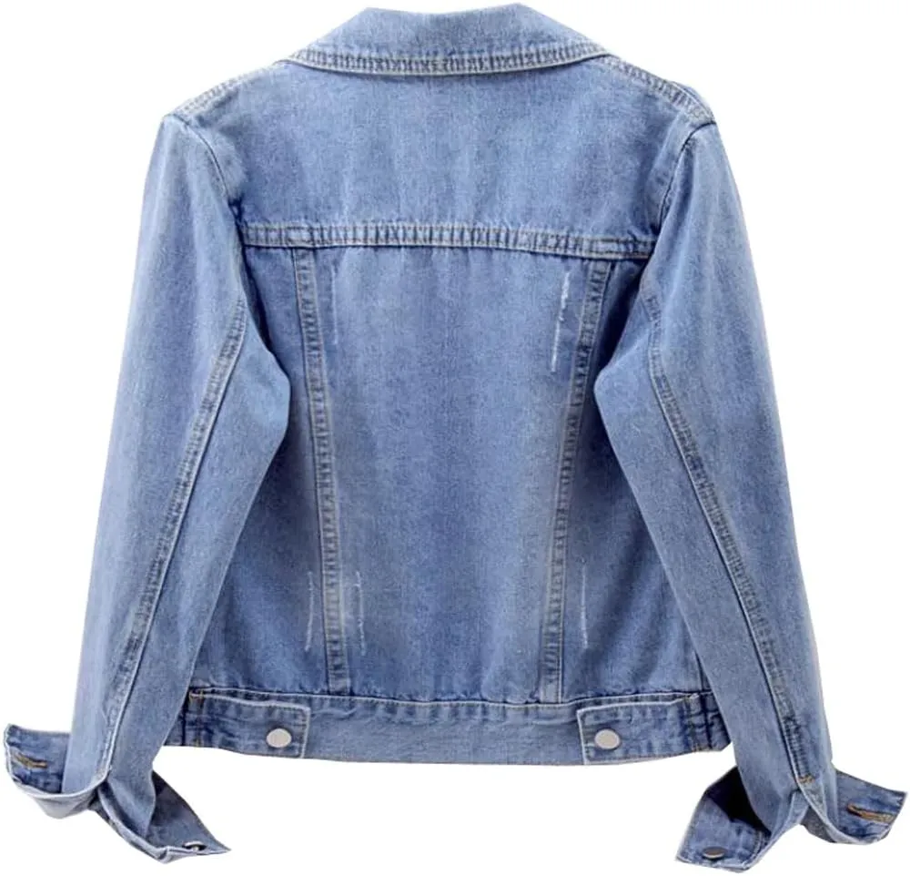 Womens Solid Color Denim Jackets Button Up Long Sleeve Trucker Jackets Jean Coat
