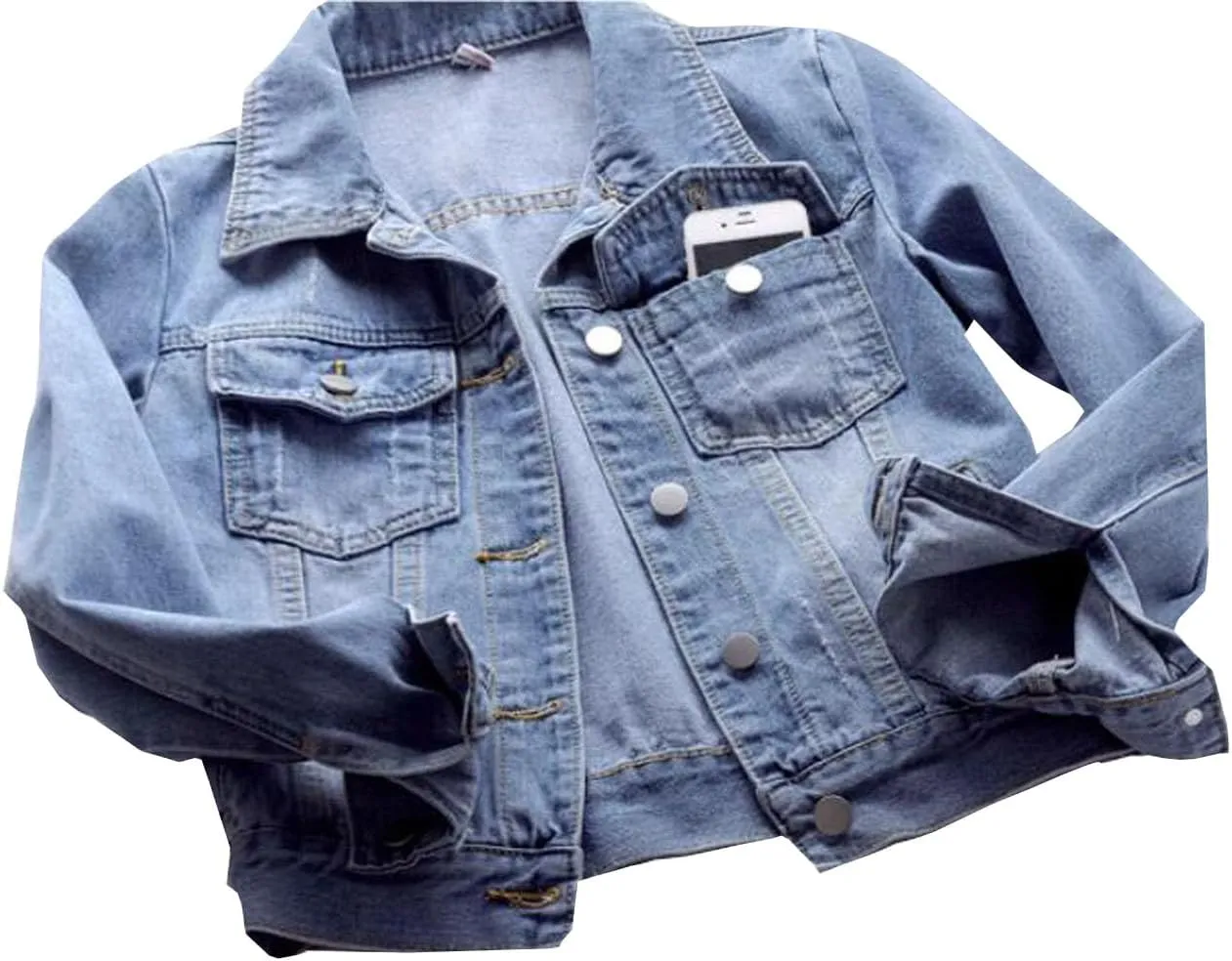 Womens Solid Color Denim Jackets Button Up Long Sleeve Trucker Jackets Jean Coat