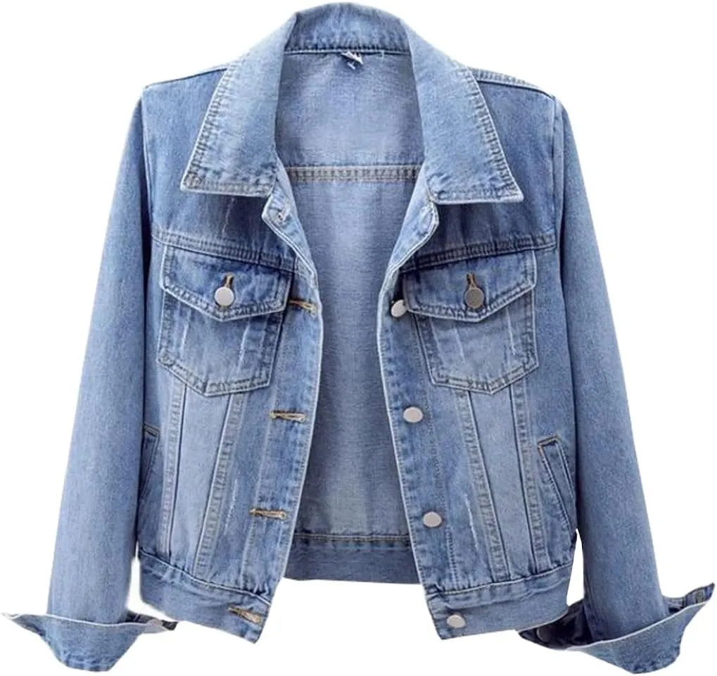 Womens Solid Color Denim Jackets Button Up Long Sleeve Trucker Jackets Jean Coat