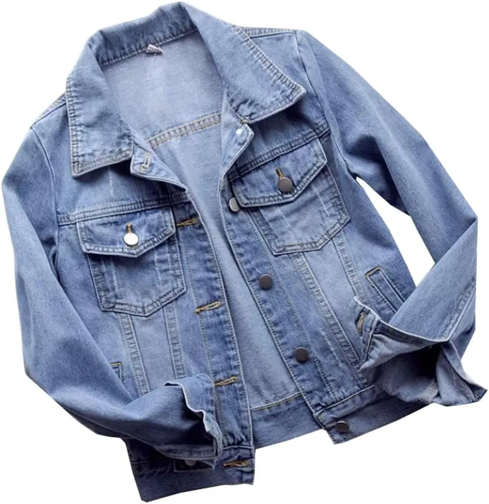 Womens Solid Color Denim Jackets Button Up Long Sleeve Trucker Jackets Jean Coat