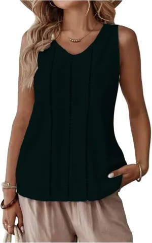 Women's Solid Color Lace Hollow V Neck Sleeveless Cotton Linen Summer Casual Loose Tank Tops