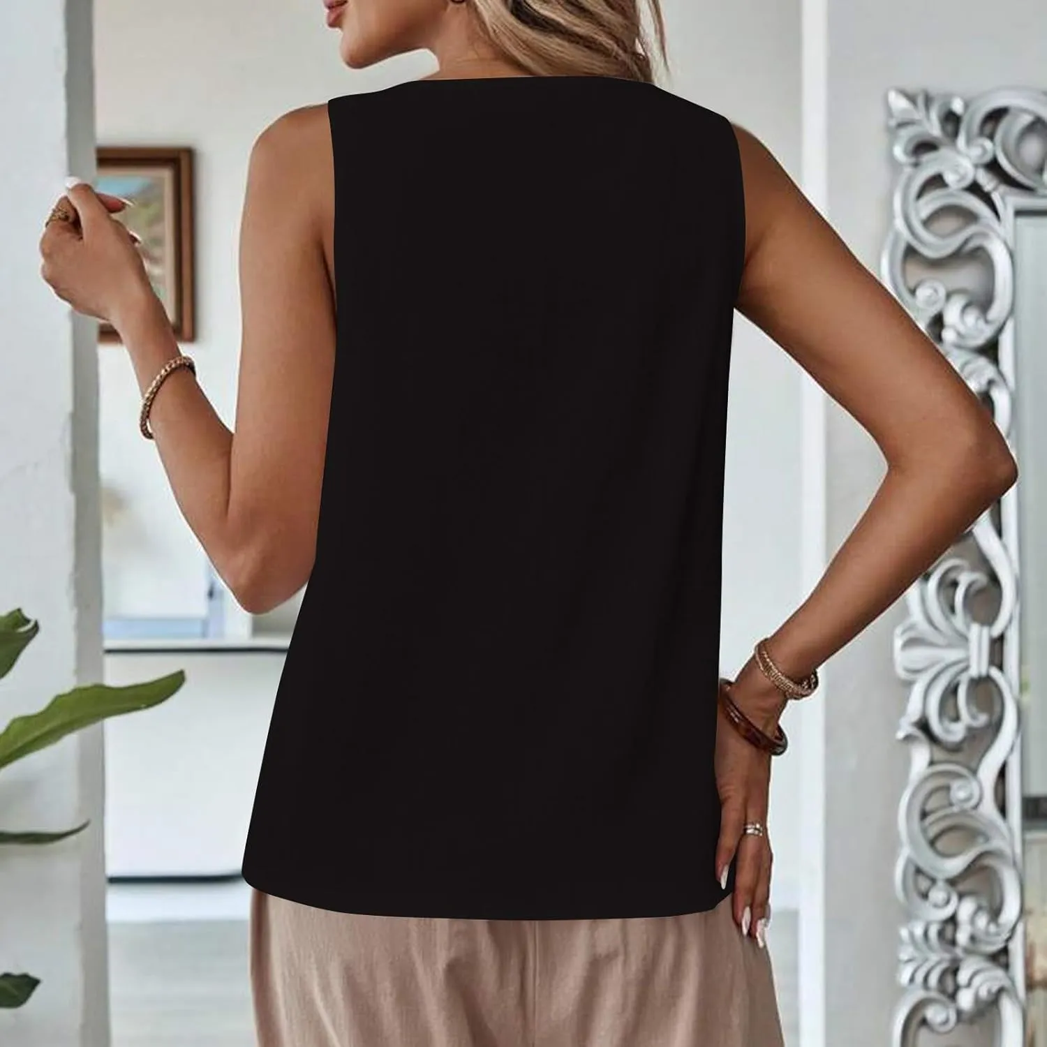 Women's Solid Color Lace Hollow V Neck Sleeveless Cotton Linen Summer Casual Loose Tank Tops