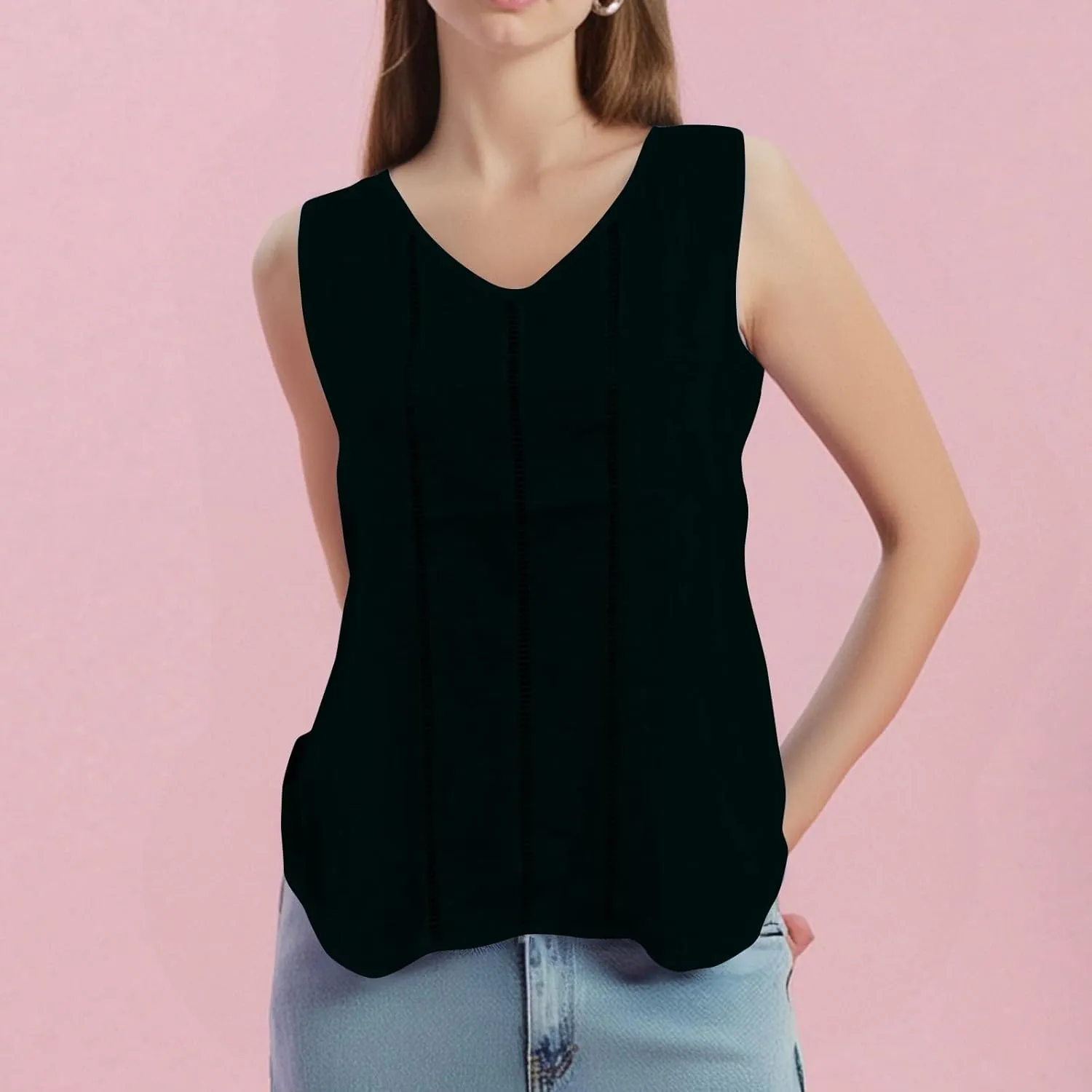Women's Solid Color Lace Hollow V Neck Sleeveless Cotton Linen Summer Casual Loose Tank Tops