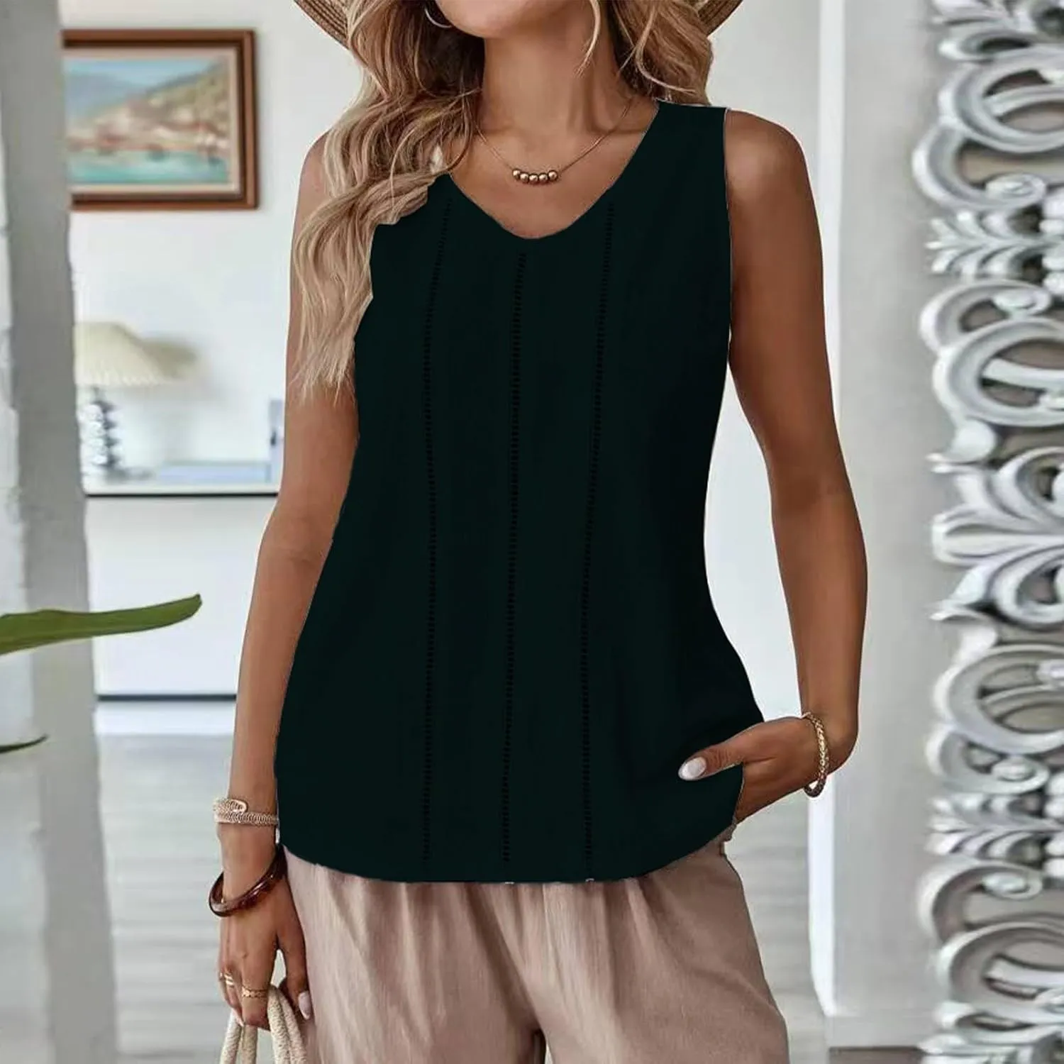 Women's Solid Color Lace Hollow V Neck Sleeveless Cotton Linen Summer Casual Loose Tank Tops