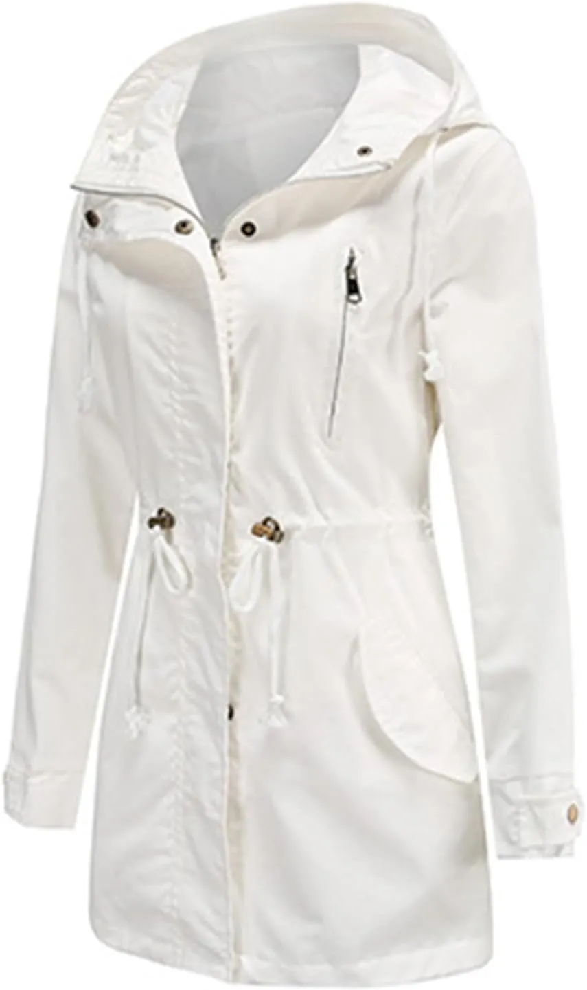Women's Solid Color Rain Jacket Casual Windbreaker Fall Winter Outdoor Jackets Hooded Raincoat Windproof Coats