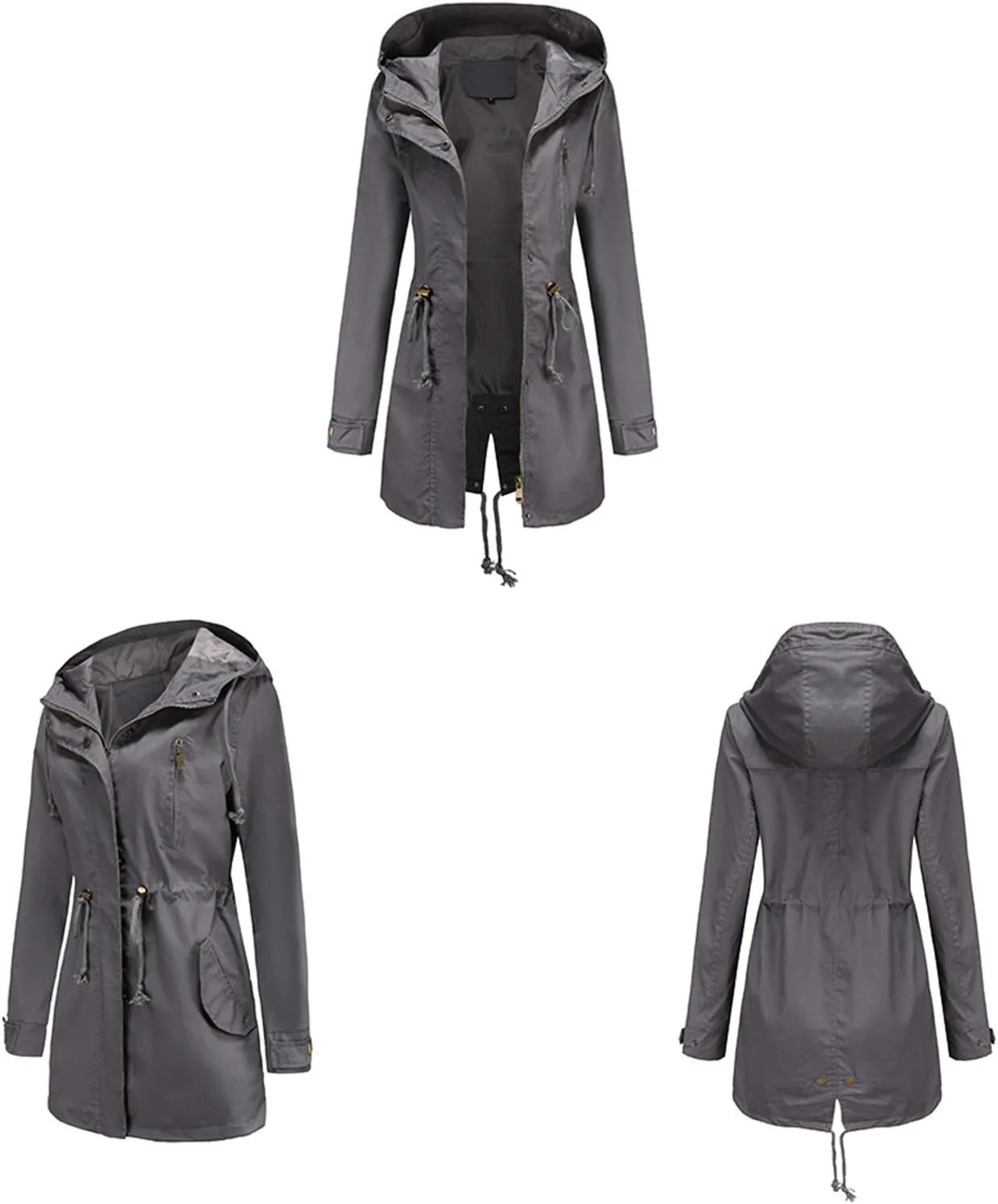 Women's Solid Color Rain Jacket Casual Windbreaker Fall Winter Outdoor Jackets Hooded Raincoat Windproof Coats