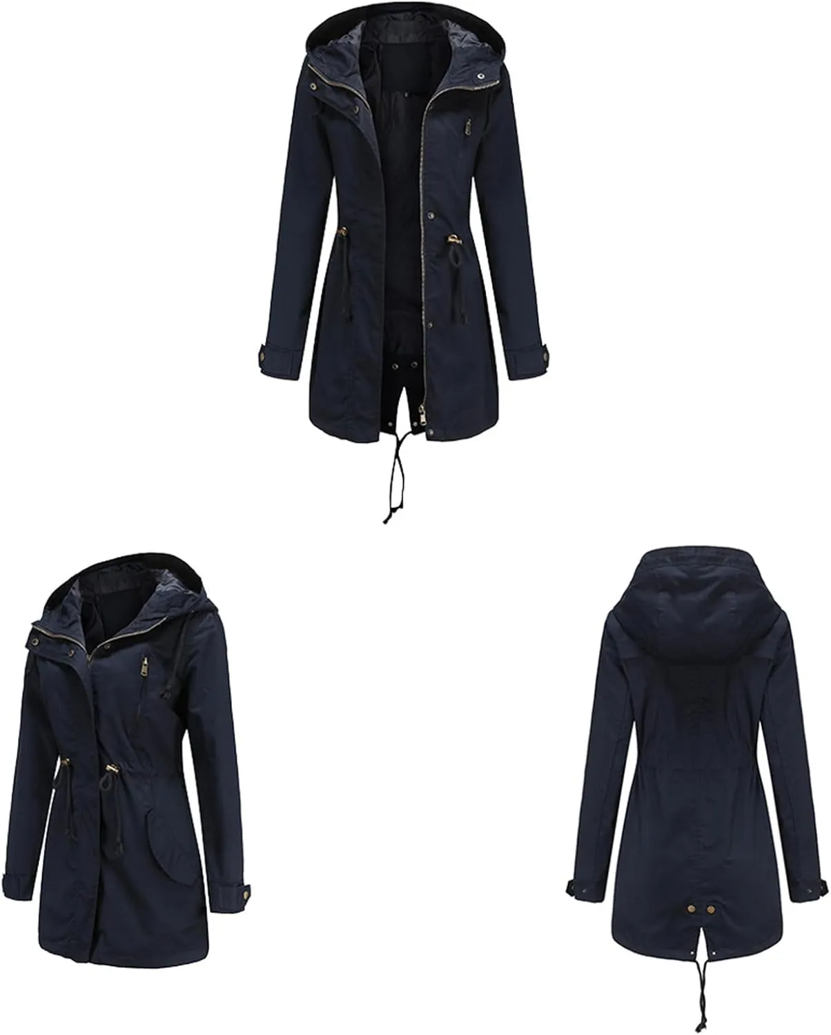 Women's Solid Color Rain Jacket Casual Windbreaker Fall Winter Outdoor Jackets Hooded Raincoat Windproof Coats