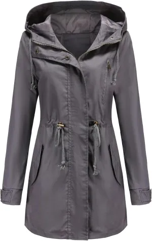 Women's Solid Color Rain Jacket Casual Windbreaker Fall Winter Outdoor Jackets Hooded Raincoat Windproof Coats