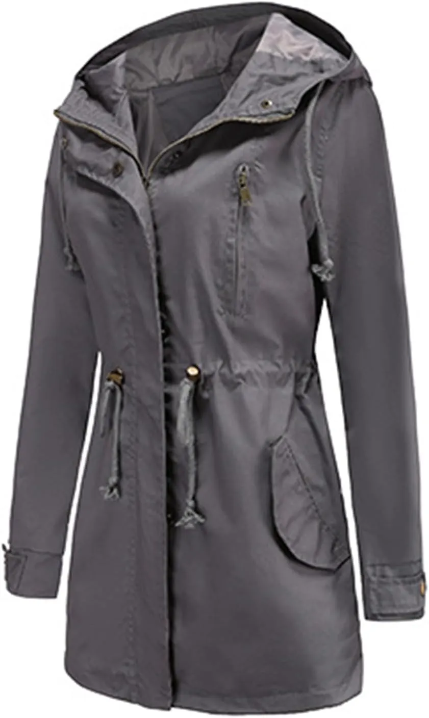 Women's Solid Color Rain Jacket Casual Windbreaker Fall Winter Outdoor Jackets Hooded Raincoat Windproof Coats