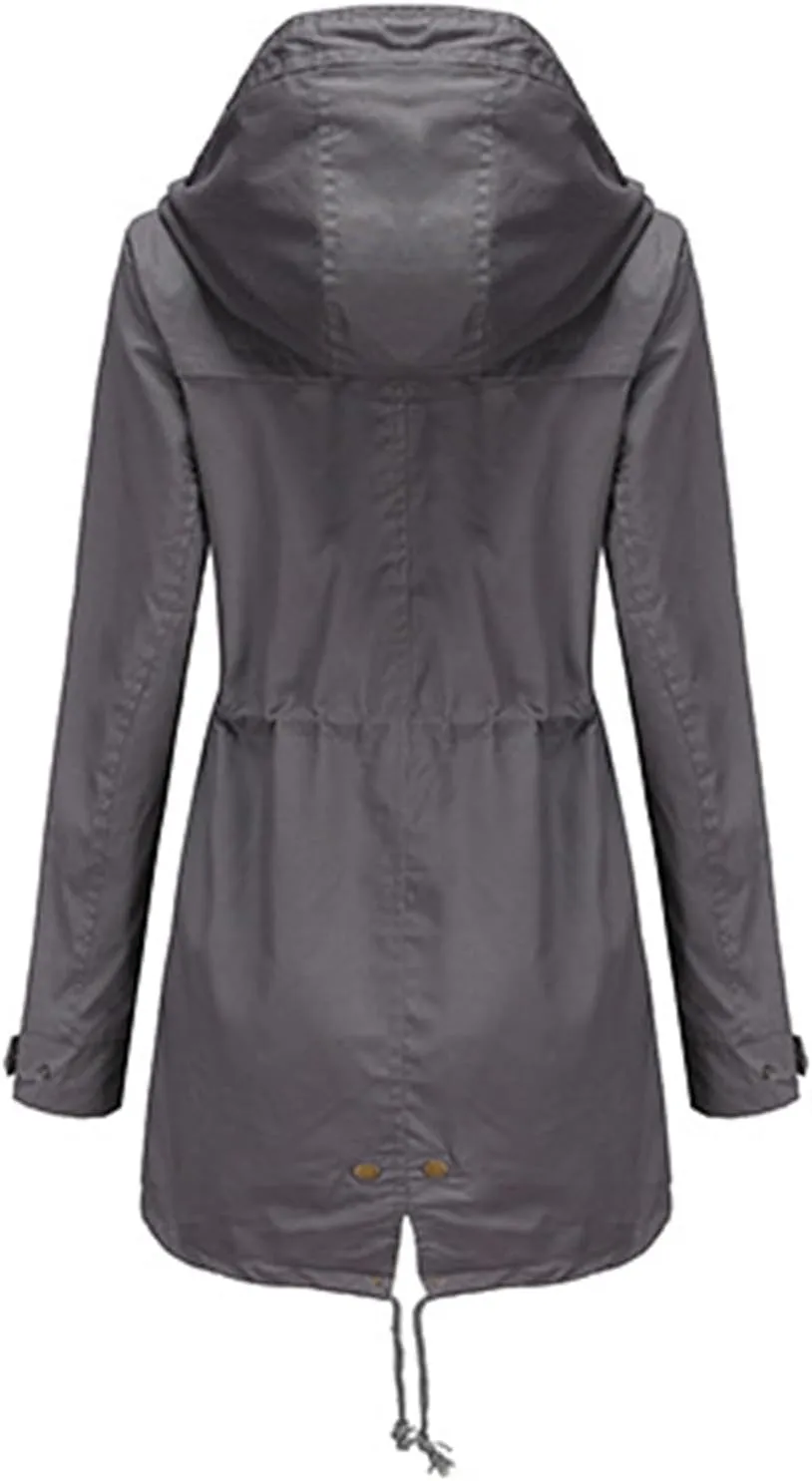 Women's Solid Color Rain Jacket Casual Windbreaker Fall Winter Outdoor Jackets Hooded Raincoat Windproof Coats