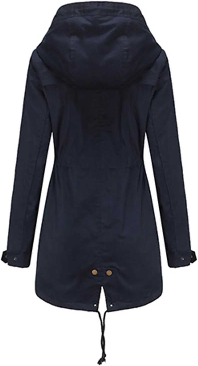 Women's Solid Color Rain Jacket Casual Windbreaker Fall Winter Outdoor Jackets Hooded Raincoat Windproof Coats