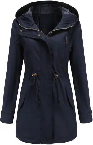 Women's Solid Color Rain Jacket Casual Windbreaker Fall Winter Outdoor Jackets Hooded Raincoat Windproof Coats