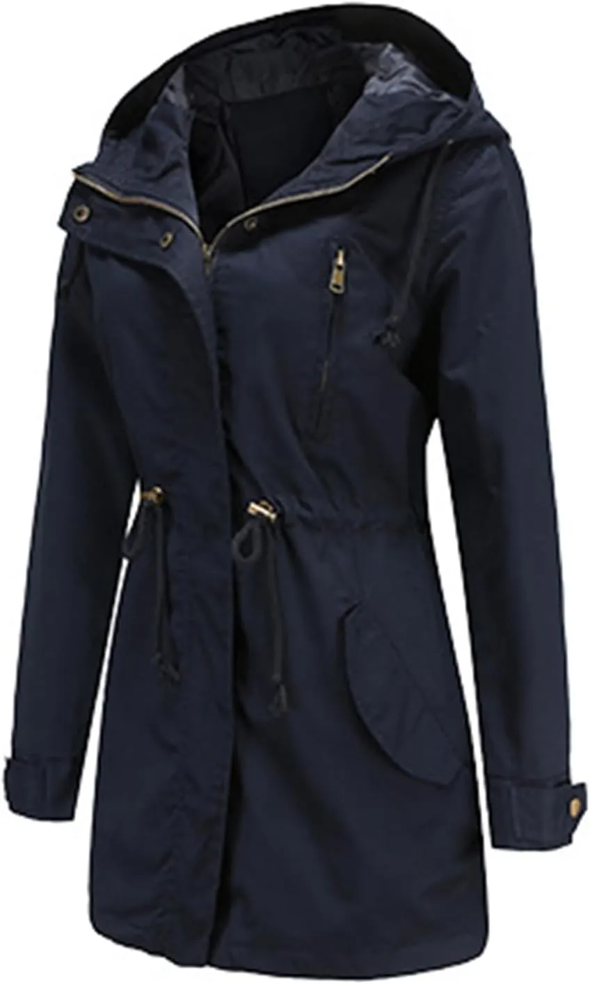 Women's Solid Color Rain Jacket Casual Windbreaker Fall Winter Outdoor Jackets Hooded Raincoat Windproof Coats
