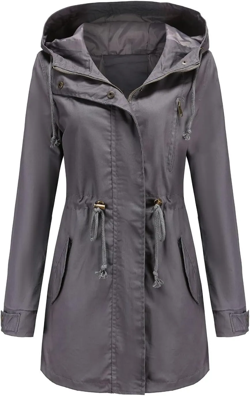 Women's Solid Color Rain Jacket Casual Windbreaker Fall Winter Outdoor Jackets Hooded Raincoat Windproof Coats