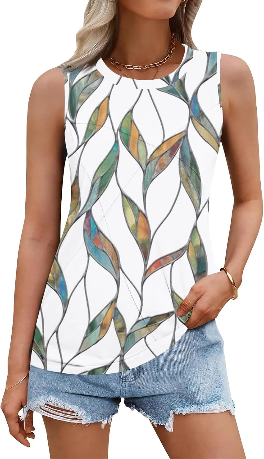 Women's Summer Tank Tops 2025 Fashion Pleated Crew Neck Floral Loose Fit Casual Sleeveless Flowy Boho Tunic Shirts