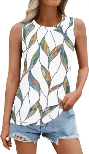 Women's Summer Tank Tops 2025 Fashion Pleated Crew Neck Floral Loose Fit Casual Sleeveless Flowy Boho Tunic Shirts