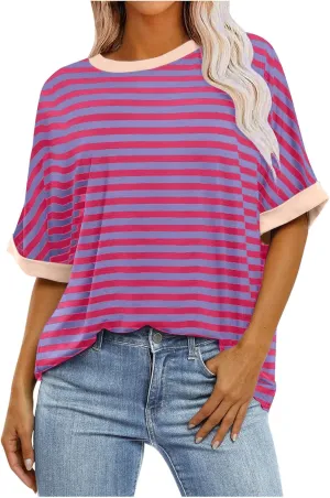 Womens Sweatshirt Casual Striped Color Block Short Sleeve Crewneck Shirt Summer Y2k Tops Oversized Tshirts for Women