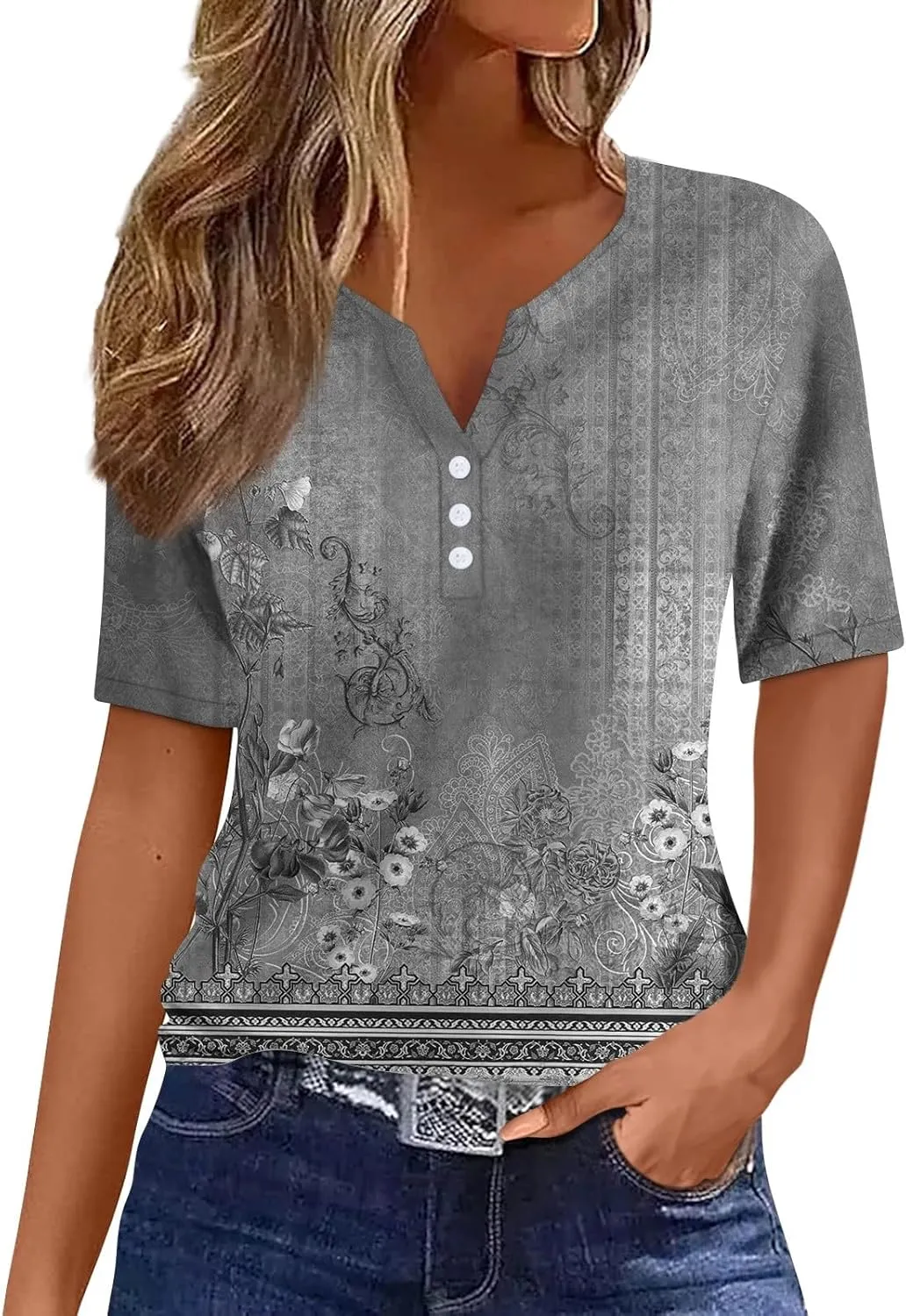 Womens Tops 2025 Casual Short Sleeve Shirts Button V Neck Blouse Comfy Vacation Top for Women Trendy