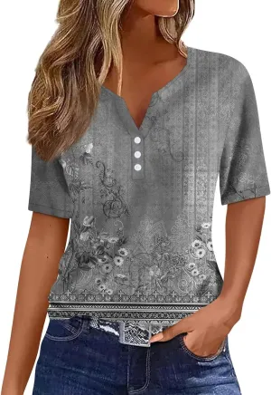 Womens Tops 2025 Casual Short Sleeve Shirts Button V Neck Blouse Comfy Vacation Top for Women Trendy