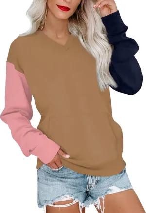 Womens Tops Casual Long Sleeve Shirts Oversized Color Block Outfits Basics Crewneck Pullover Sweatshirts