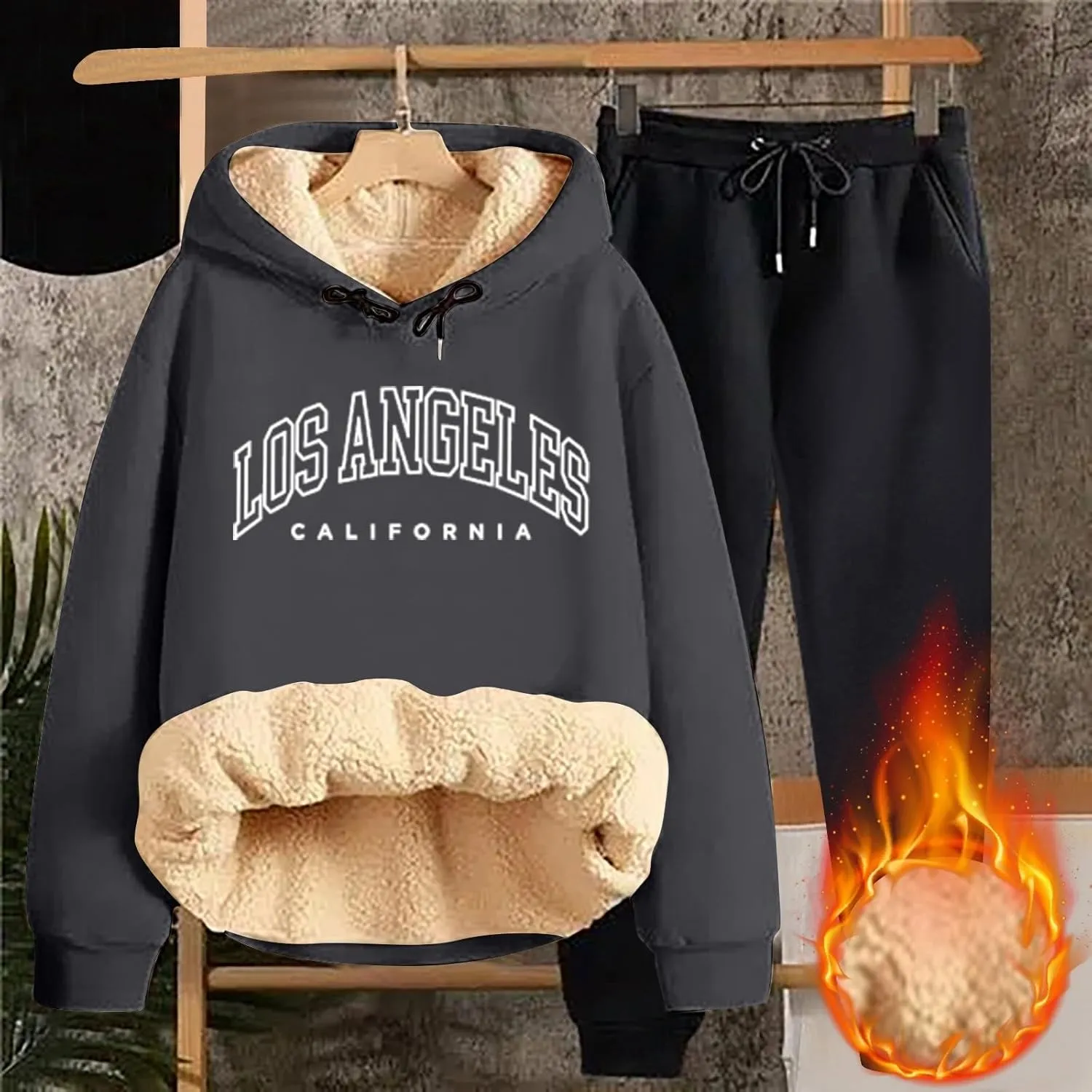 Women's Track Suit Set 2 Piece Sherpa Lined Long Sleeve Hoodies And Sweatpants Lightweight Fleece Sweatsuits Jogger