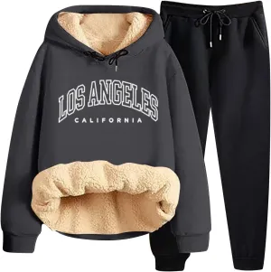Women's Track Suit Set 2 Piece Sherpa Lined Long Sleeve Hoodies And Sweatpants Lightweight Fleece Sweatsuits Jogger