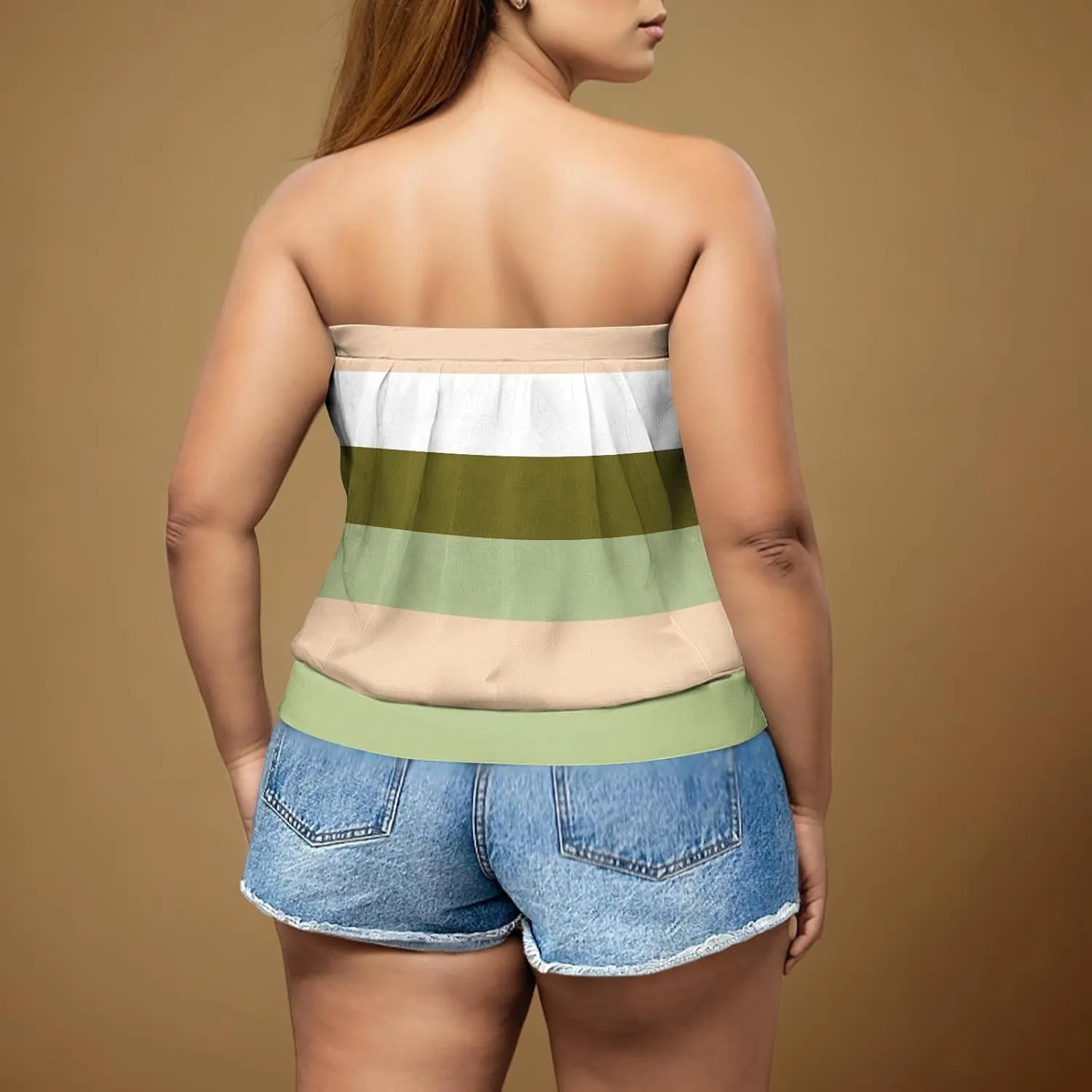 Womens Trendy Tube Tank Tops Plus Size Summer Striped Printed Strapless Pleated Backless Vests Loose Comfy Top