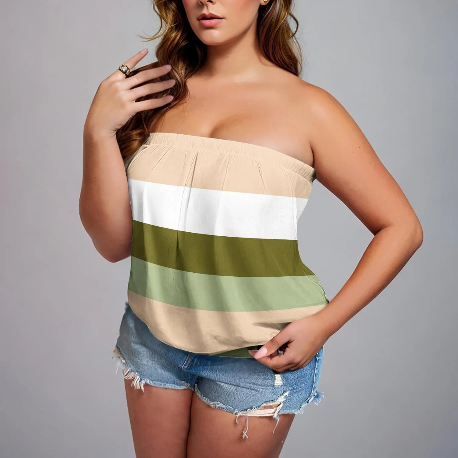 Womens Trendy Tube Tank Tops Plus Size Summer Striped Printed Strapless Pleated Backless Vests Loose Comfy Top