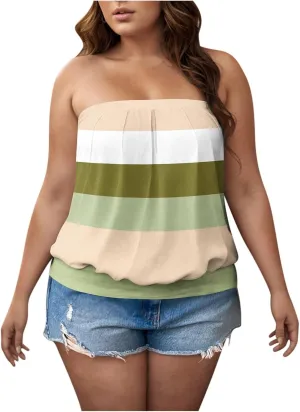 Womens Trendy Tube Tank Tops Plus Size Summer Striped Printed Strapless Pleated Backless Vests Loose Comfy Top