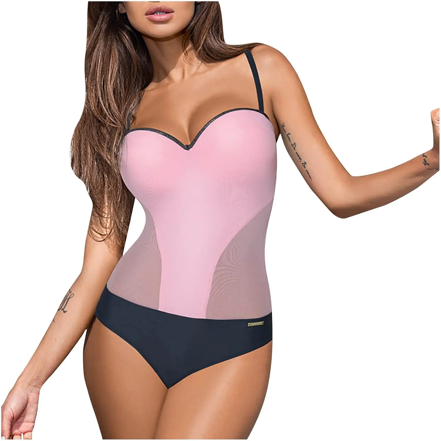 Womens Tummy Control One Piece Swimsuits Sexy Mesh Bathing Suits Color Block Slimming Monokini Swimwear Swimming Suits