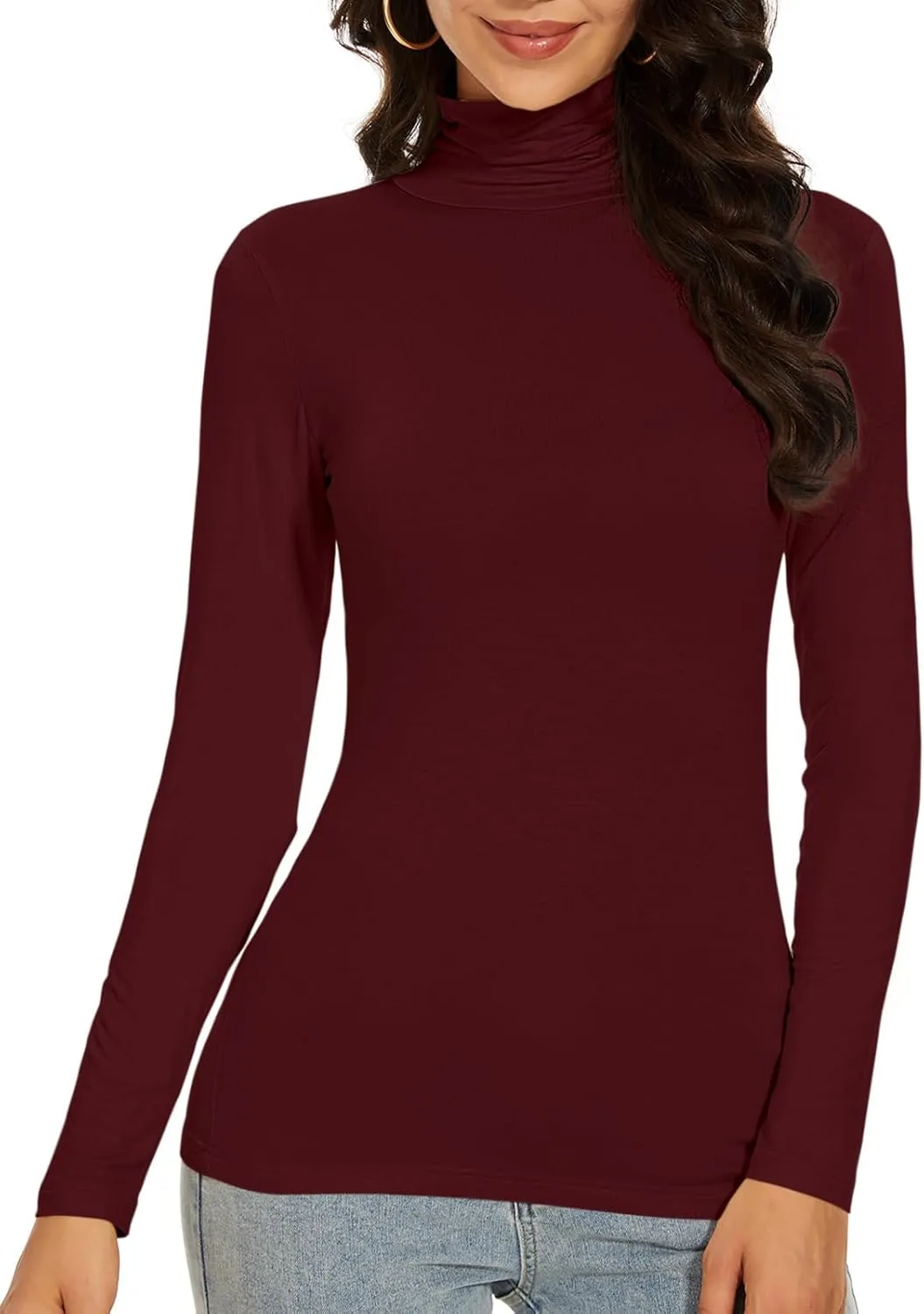 Women's Turtleneck Long Sleeve Thermal Tops Slim Fitted Lightweight Thin Basics Layer Tshirt (XS-2XL)