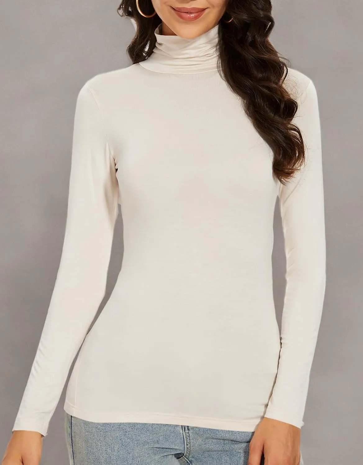 Women's Turtleneck Long Sleeve Thermal Tops Slim Fitted Lightweight Thin Basics Layer Tshirt (XS-2XL)