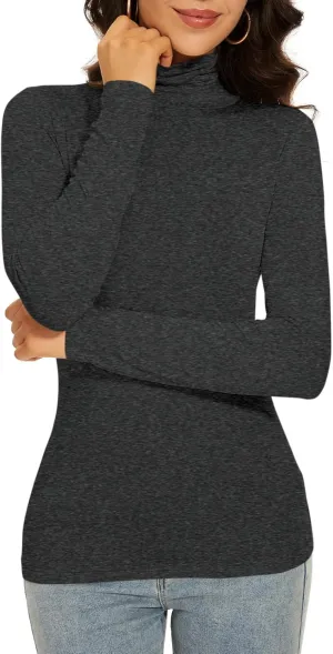 Women's Turtleneck Long Sleeve Thermal Tops Slim Fitted Lightweight Thin Basics Layer Tshirt (XS-2XL)