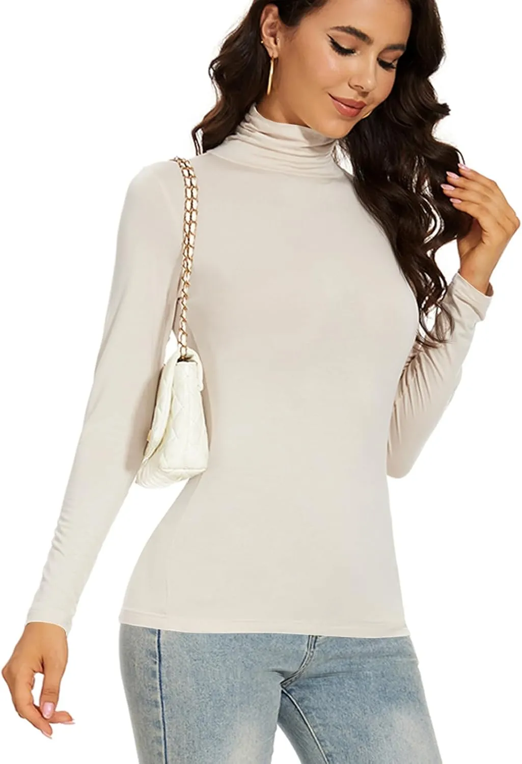 Women's Turtleneck Long Sleeve Thermal Tops Slim Fitted Lightweight Thin Basics Layer Tshirt (XS-2XL)