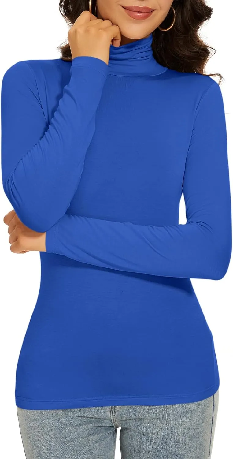 Women's Turtleneck Long Sleeve Thermal Tops Slim Fitted Lightweight Thin Basics Layer Tshirt (XS-2XL)
