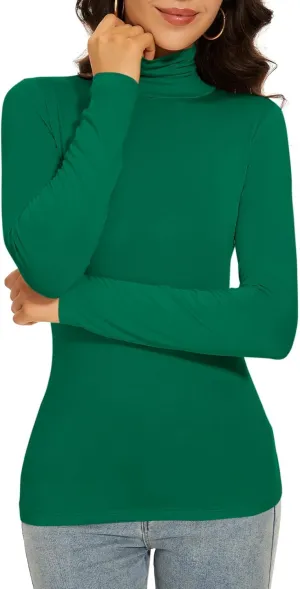 Women's Turtleneck Long Sleeve Thermal Tops Slim Fitted Lightweight Thin Basics Layer Tshirt (XS-2XL)